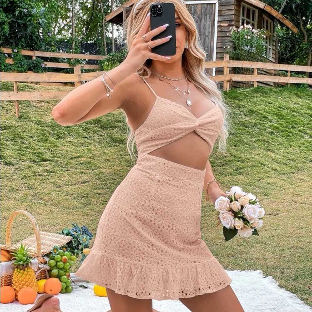 Shein Dusty Pink “Twist Front Cut Out Ruffle Hem Schiffy Cami Dress”